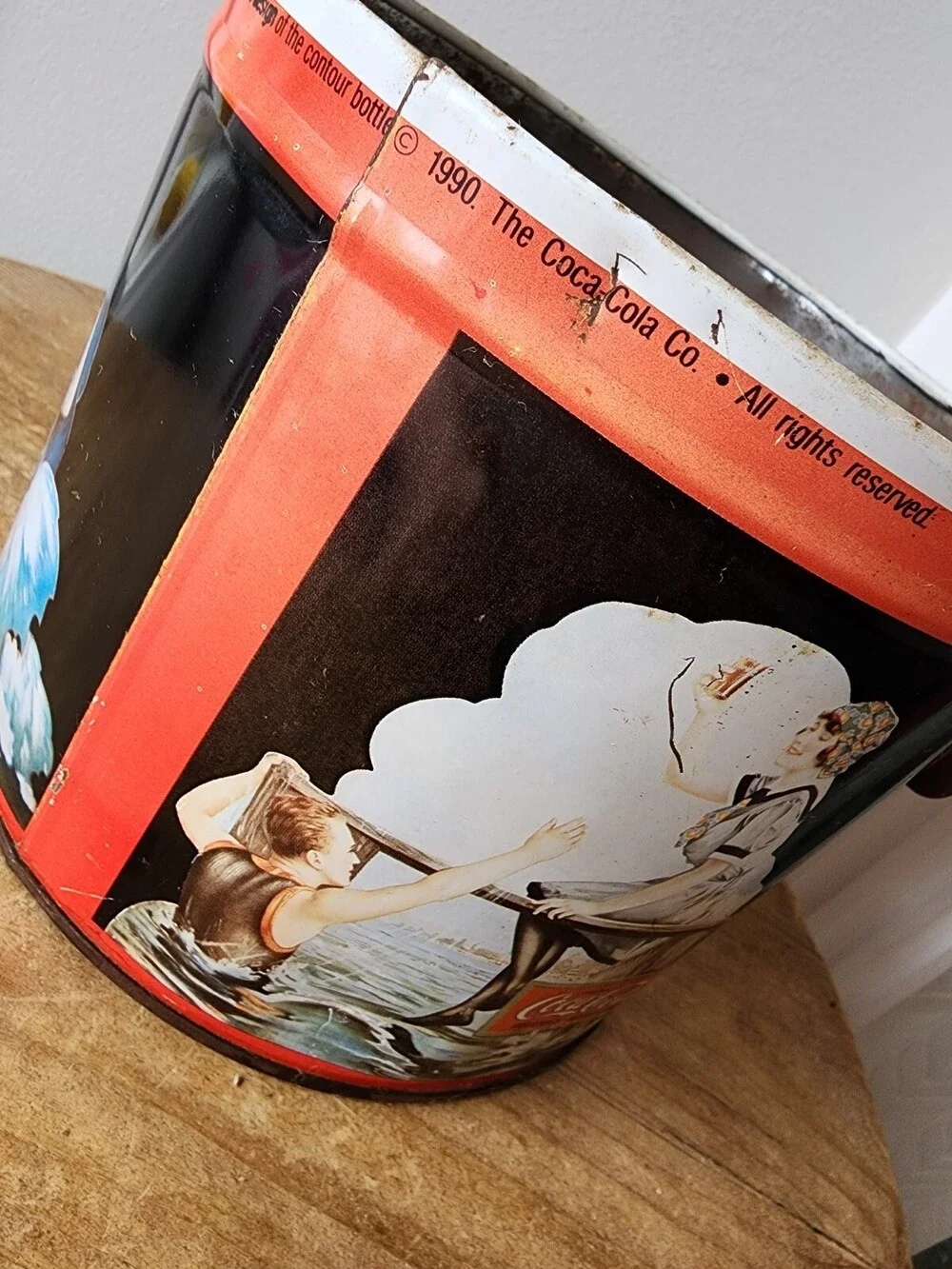 Vintage Coca Cola Old Fashioned Ladies at Beach Lidded Wire Handle Round Tin Can